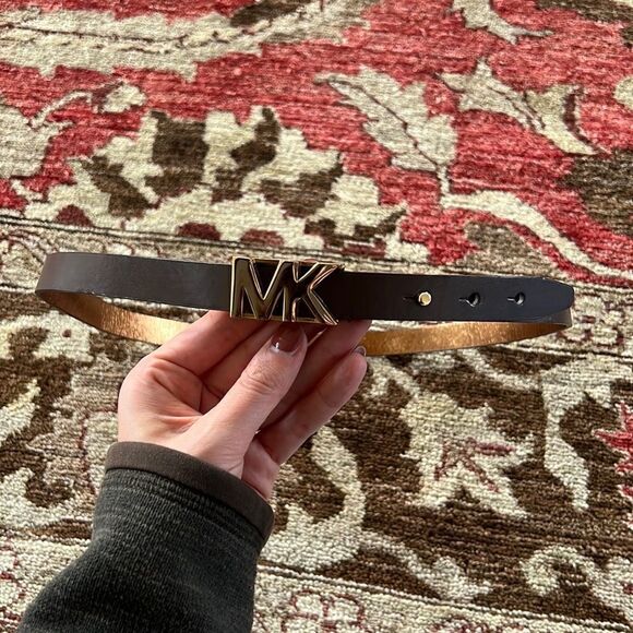 MICHAEL KORS Logo and Leather Waist Belt Brown Gold Large  - MSRP $118 - Picture 1 of 4